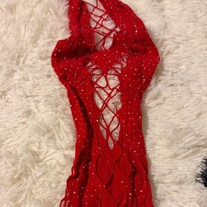Red Knit Scarf with Rhinestone Accents